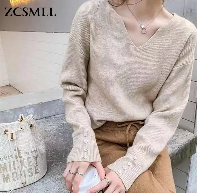 

ZCSMLL 2022 autumn winter loose sweater inner top women's long-sleeved winter bottoming knitted sweater V-neck knitted sweater