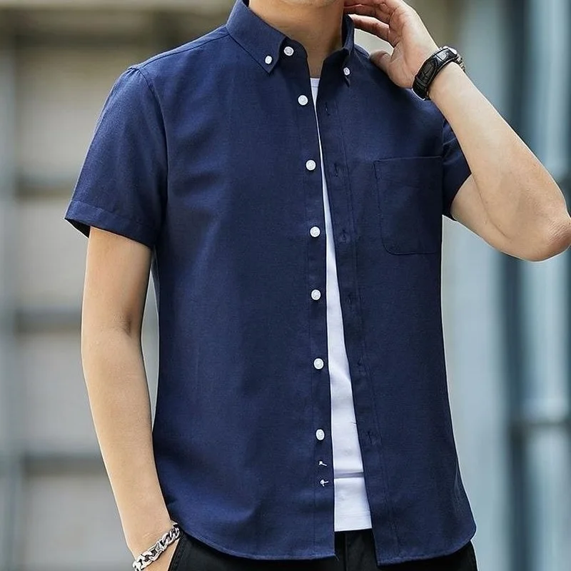 Men's Short Sleeve Oxford Solid Color Smart Casual Shirt Front Patch Chest Pocket Regular-fit Button-down Collar Work Shirts E61