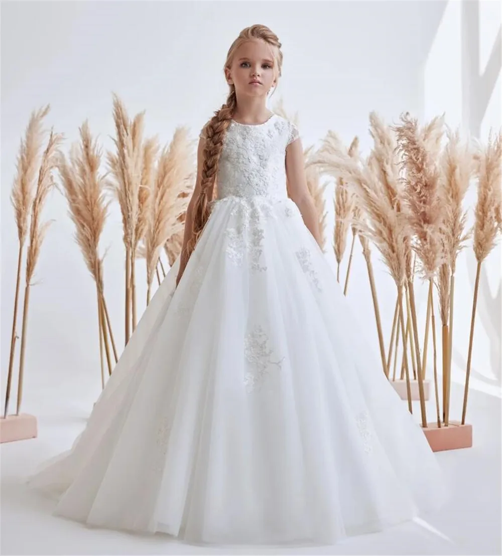 

Элегантное Пышное Цветочное платье для девочек на свадьбу, кружевное Тюлевое платье на пуговицах, детское платье для первого причастия, женское платье