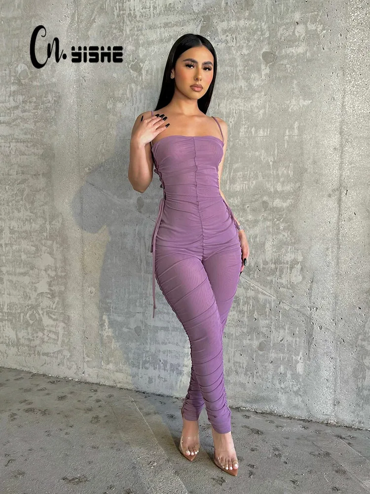 

CNYISHE Skinny Ruched Bandage Jumpsuits Women Rompers Autumn 2022 Fashion Party Outfits Female Sexy Midnight Club Overalls Tops