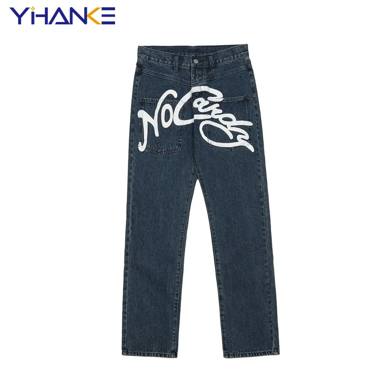 Модные мужские джинсы с принтом граффити уличные хип-хоп модные брендовые свободные прямые брюки с широкими штанинами модные повседневные ...