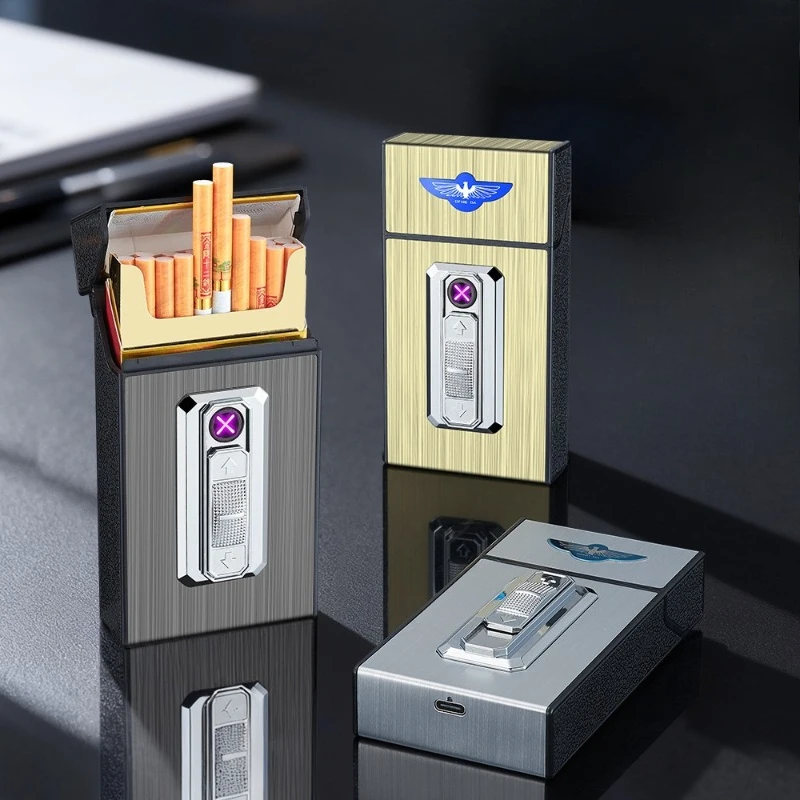 Фото Креативный портсигар, перезаряжаемая через USB зажигалка, металлическая ветрозащитная прикуриватель, 20, портативный контейнер для хранения портсигар №1