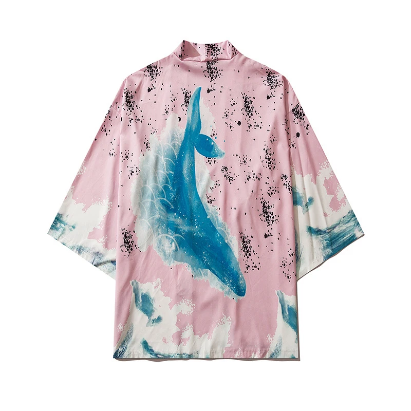 

Summer Vintage Pattern Pink Kimono Cardigan Jackets Men's Shark Print Taoist Robe Couple Kimonos Shirts Women Kimono Robe