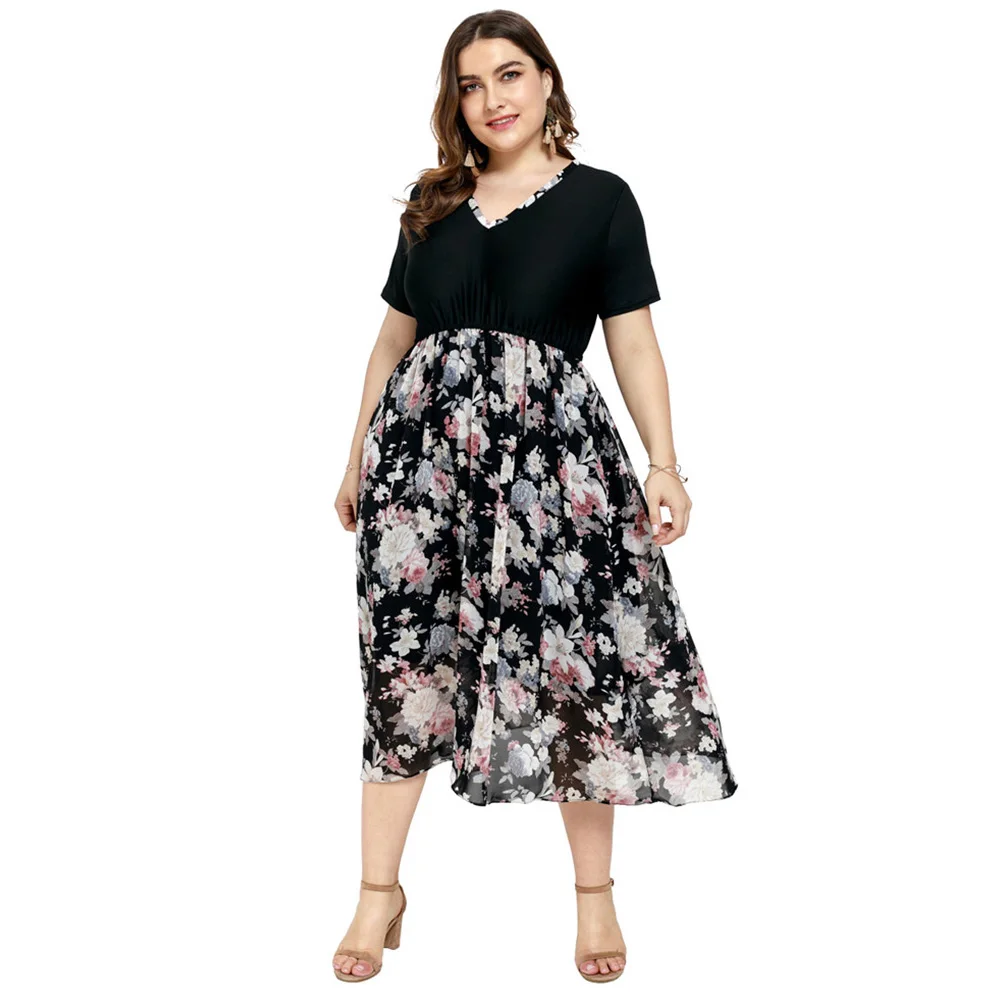 

Женское шифоновое платье с V-образным вырезом, коротким рукавом и высокой талией