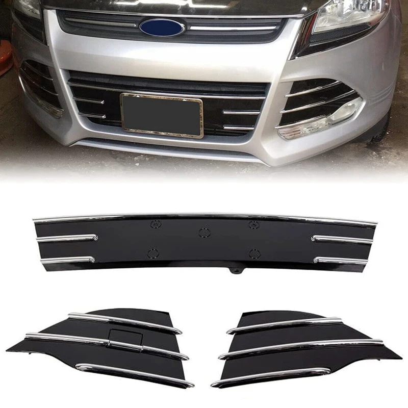 

NEW-Chrome Front Bumper Grille Lower Grill Cover 3PCS For Ford Escape 2013-2016 CJ5Z17K945AA CJ5Z17E811AA CJ5Z17E810AA