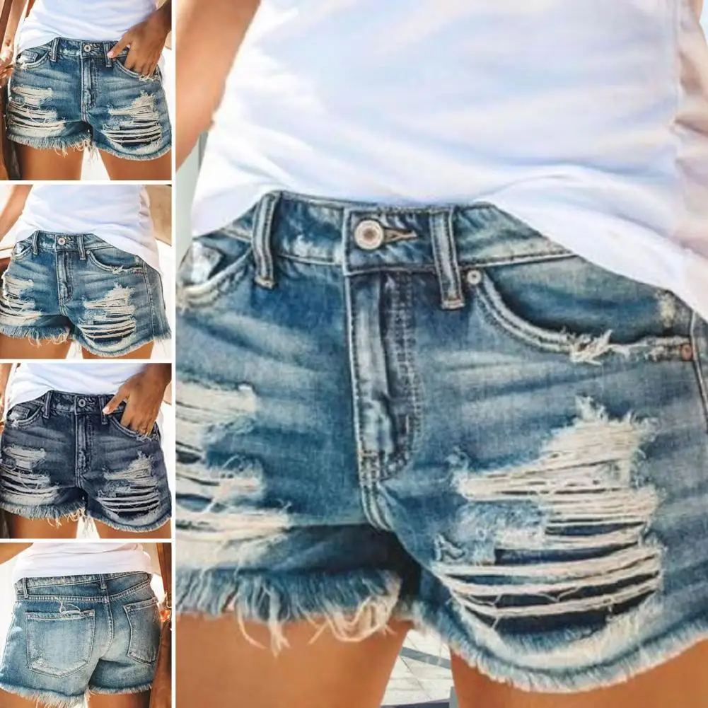

All-matched Solid Color Ripped Holes Cool Women Denim Shorts for Dating