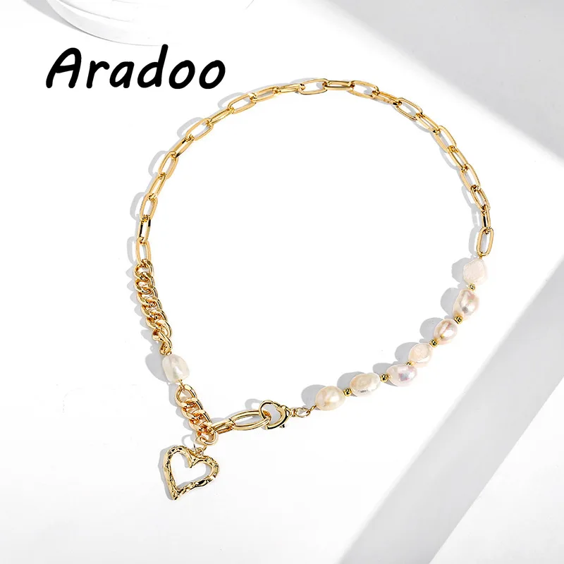 

ARADOO Vintage Heart Baroque Freshwater Pearl Necklace Titanium Steel 18K Gold Plated Light Luxury Clavicle Necklace