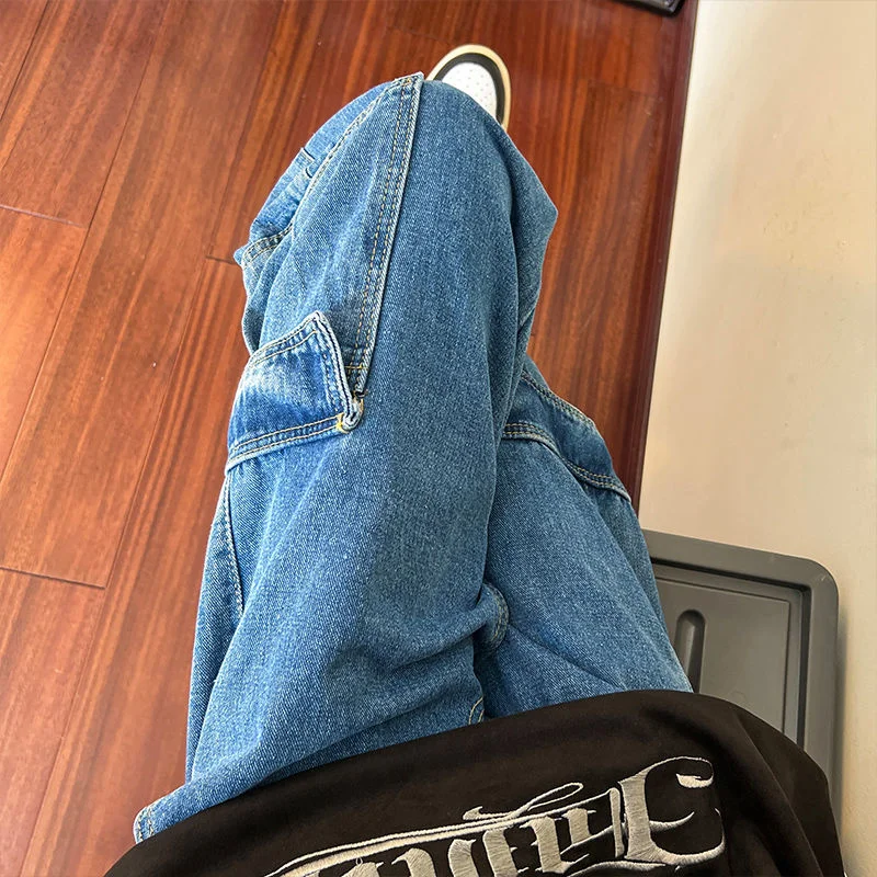 Grey Blue Baggy Cargo Jeans Men Fashion Casual Pocket Jeans Men Streetwear Hip Hop Loose Straight Denim Pants Mens Trousers