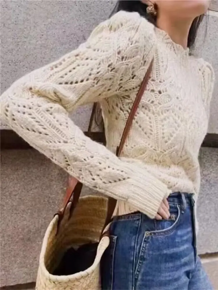 

Women Hand-Crocheted White Hollow Out Knitted Pullover 2023 Early Spring New Ladies Vintage All-Match Long Sleeve O-Neck Sweater