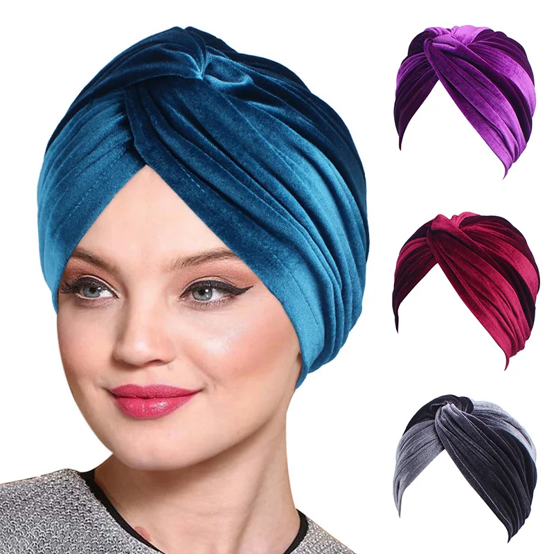 

Beanies Women Knot Bandanas Turban Muslim Inner Caps Velvet Chemotherapy Cap Cross Headwrap Indian Bonnet Hat Headscarf