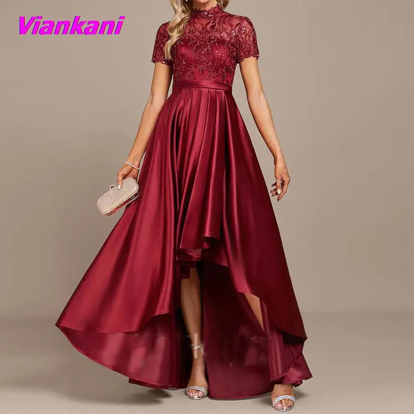 

Burgundy Satin Evening Party Dresses Engagement 2023 New Short Sleeve Sweetheart A-Line Long Dress Elegant Prom Fishtail Dress