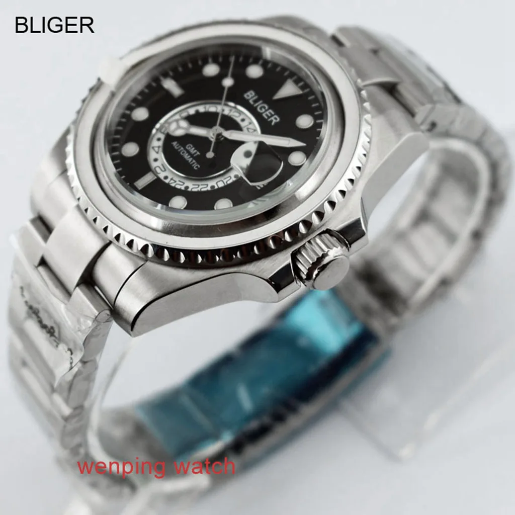 1 шт. E2417 BLIGER 43 мм керамический черный стальной ремешок GMT функциональные часы