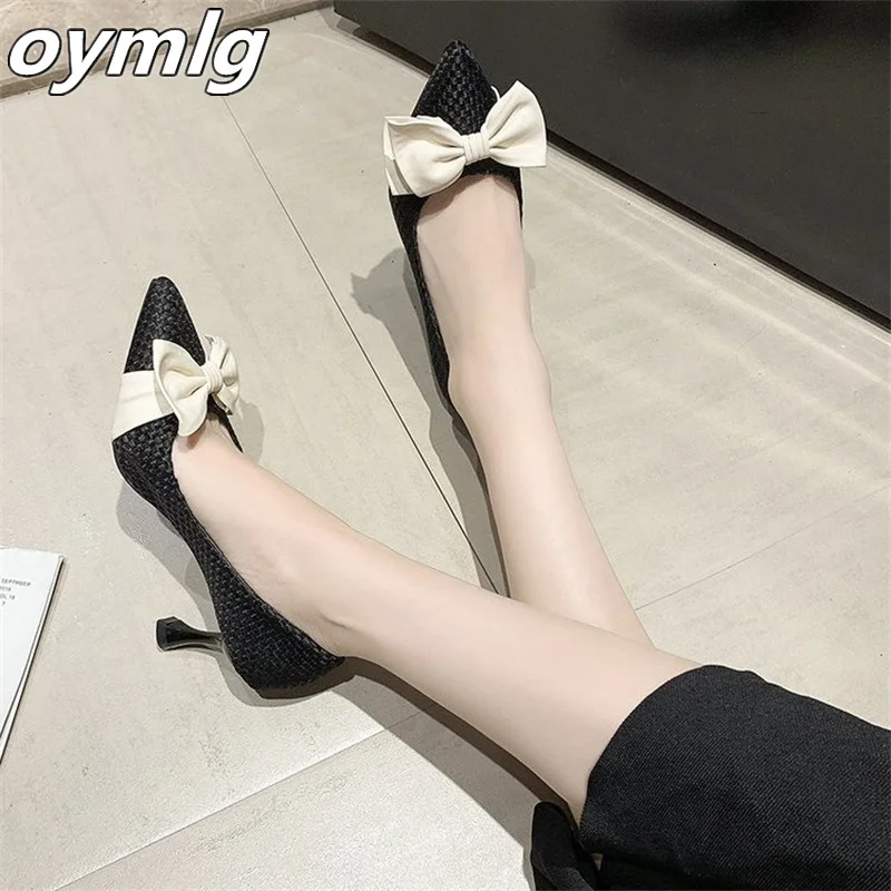 

2022 spring and autumn new fashion pointed toe shallow mouth woven single shoes bow stiletto high heels heels women
