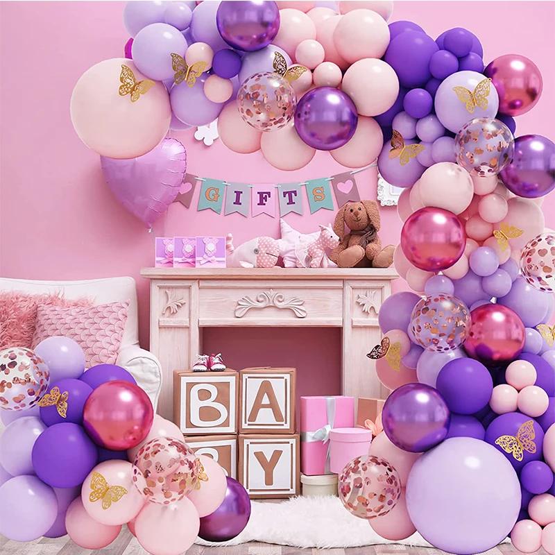 

143 шт. фиолетовый розовый воздушный шар гирлянда комплект тема бабочки с наклейками для детей Baby Shower День рождения поставки свадебный декор