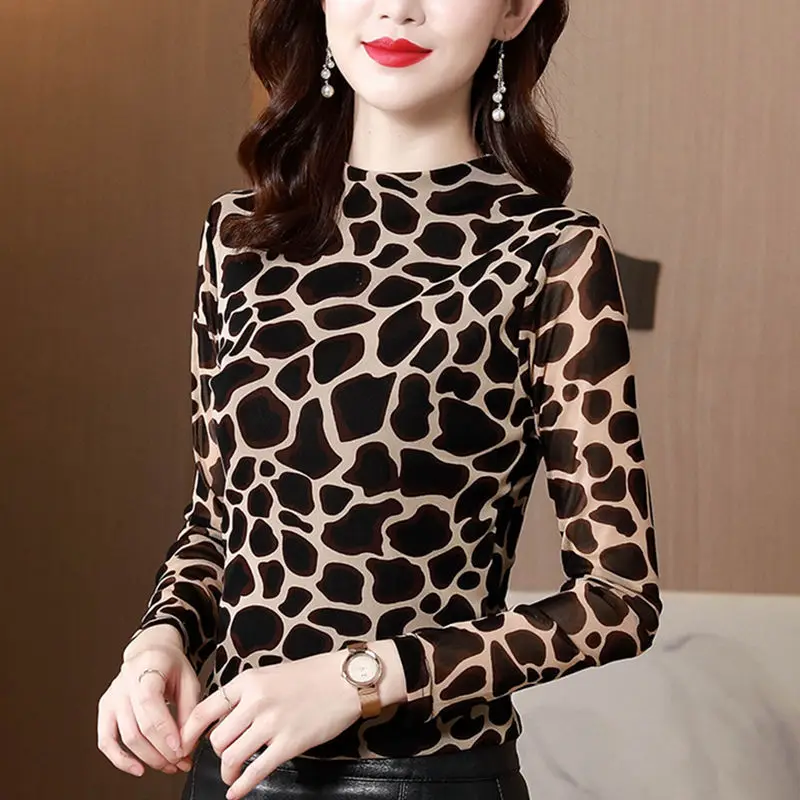 

Женская блузка с леопардовым принтом, Повседневная приталенная блузка с полувысоким воротником, G461, весна-осень 2023