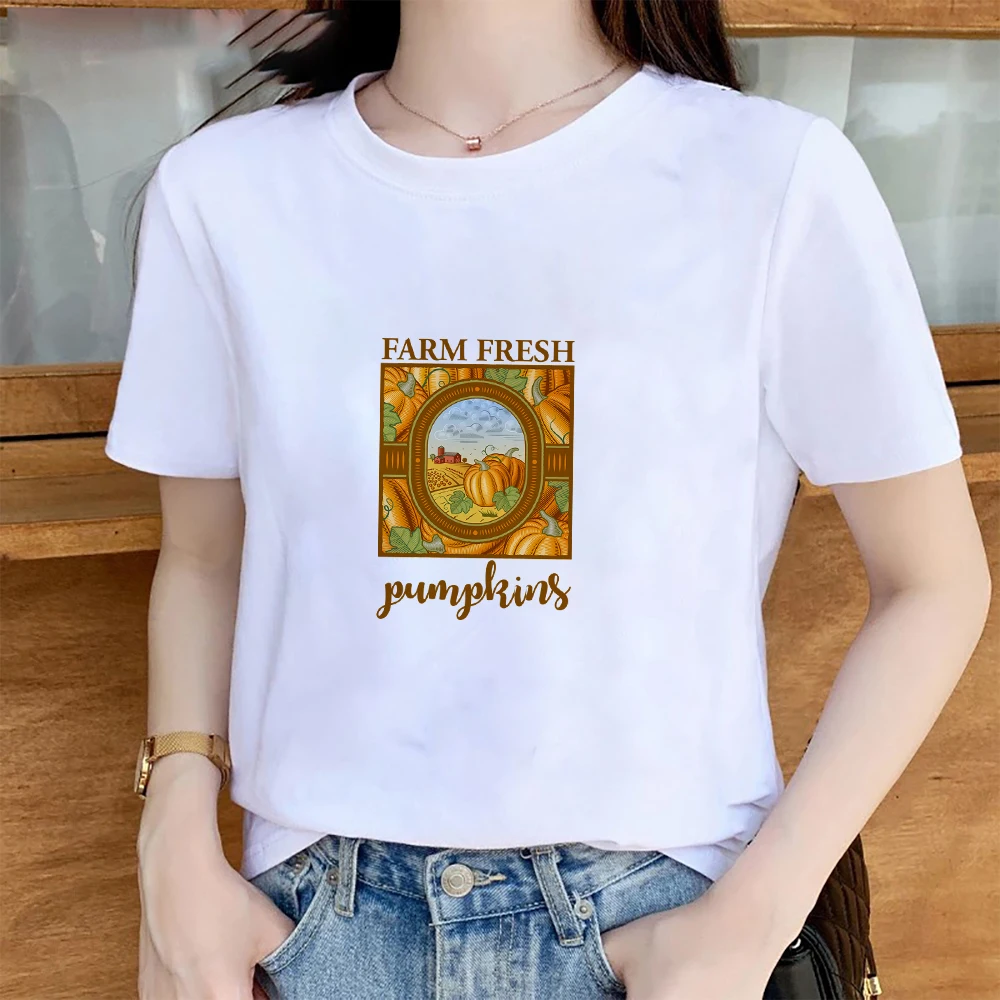 

FARM FRESH Pumpkins Letter Print LuckyRoll White Women T-Shirt S-XL Size Short Sleeve Outdoor Style Female T Shirt Comfy Clothes