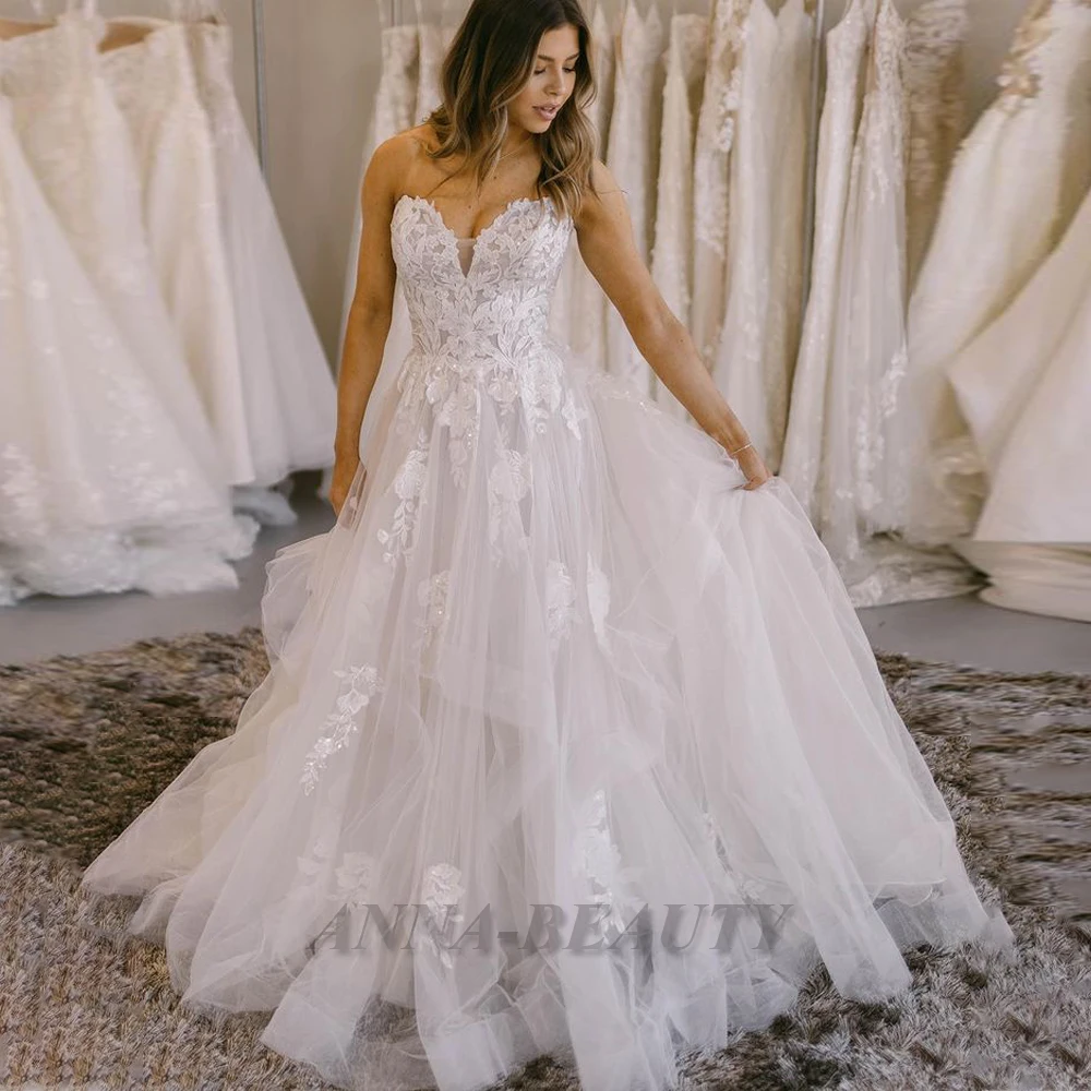 

Anna Stylish Ruffles Wedding Gown for Bride A Line V Neck Sleeveless Appliques Backless with Button Robe De Soirée De Mariage