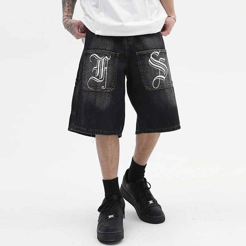 

Retro Letter Embroidery Washed Pockets Jeans Shorts for Men Harajuku Distressed Streetwear Casual Denim Five Point Pants