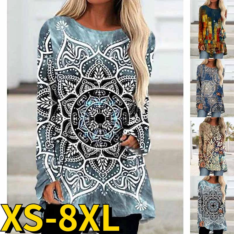 2022 Elegant Tops Ladies Round Neck Long Sleeve Street Fashion Casual T-shirt Autumn Winter New Design Printing Vintage Pullover