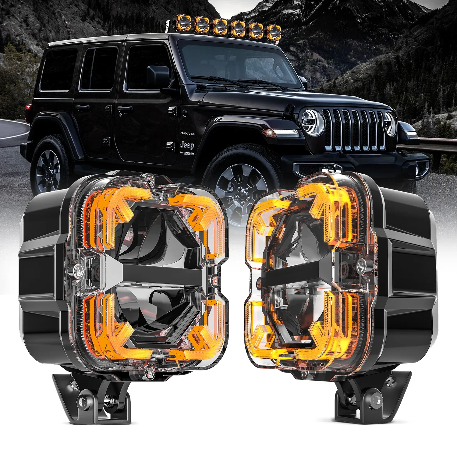 Светодиодная фара LOYO 4x4 65W с янтарными ДХО, 6500 лм, квадратная, для мотоциклов, грузовиков, пикапов, внедорожников, противотуманная, рабочая, для вождения! ! (art.: 3920dada74925) - 3920dada74925