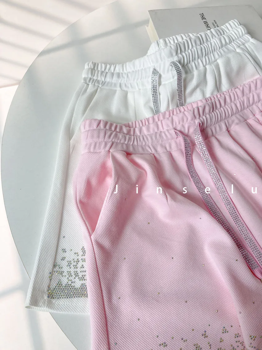 2023 New Summer Rhinestone Chic Shorts Women's High Waist Loose Temperament Shiny Cotton A-line Wide-Leg Hot Pants Booty Shorts