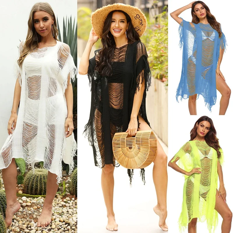 

2022 New Women Crochet Beach Dress Bikini Tassel Cover Up Pareo Dresses saida de praia for Swimwear Cover-Ups