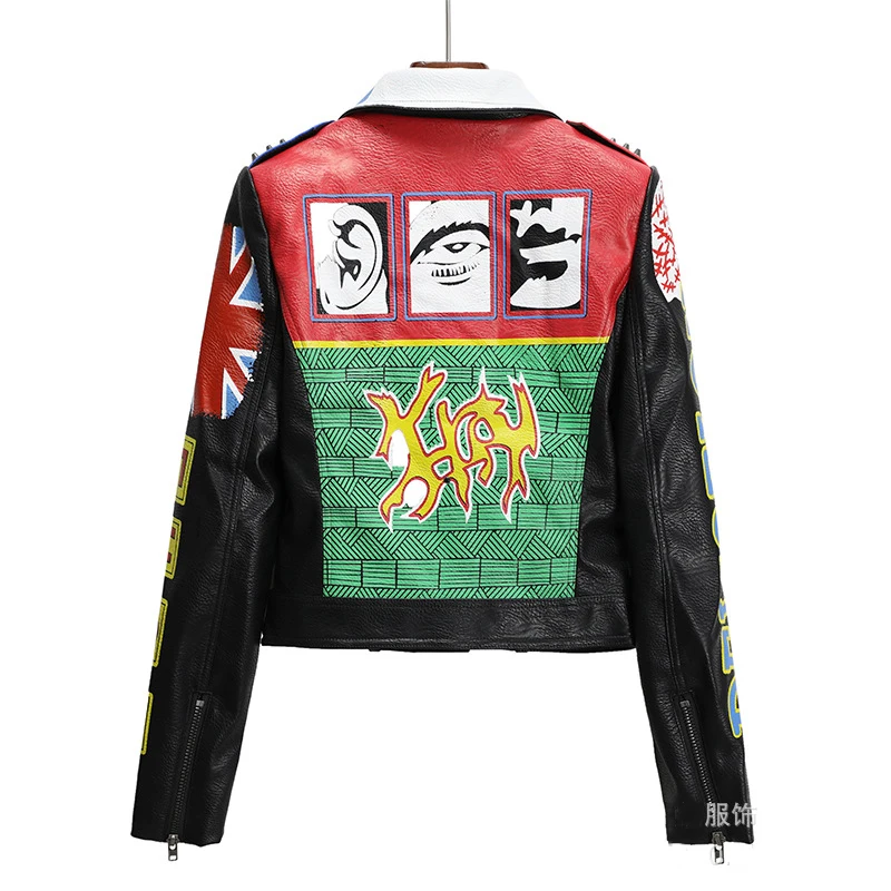 Rock Punk Motorcycle Jackets Women 2023 Trend Streetwear Contrast Stitched Graffiti Print Faux Leather Studded Leather Jacket