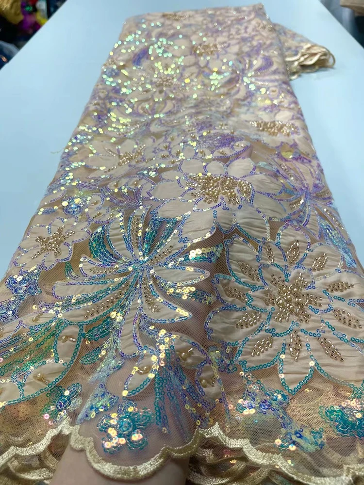 

Champagne gold African Lace Fabric High Quality Embroidery 2023 French Tulle Nigerian Sequins with Beads For Wedding Party Sew
