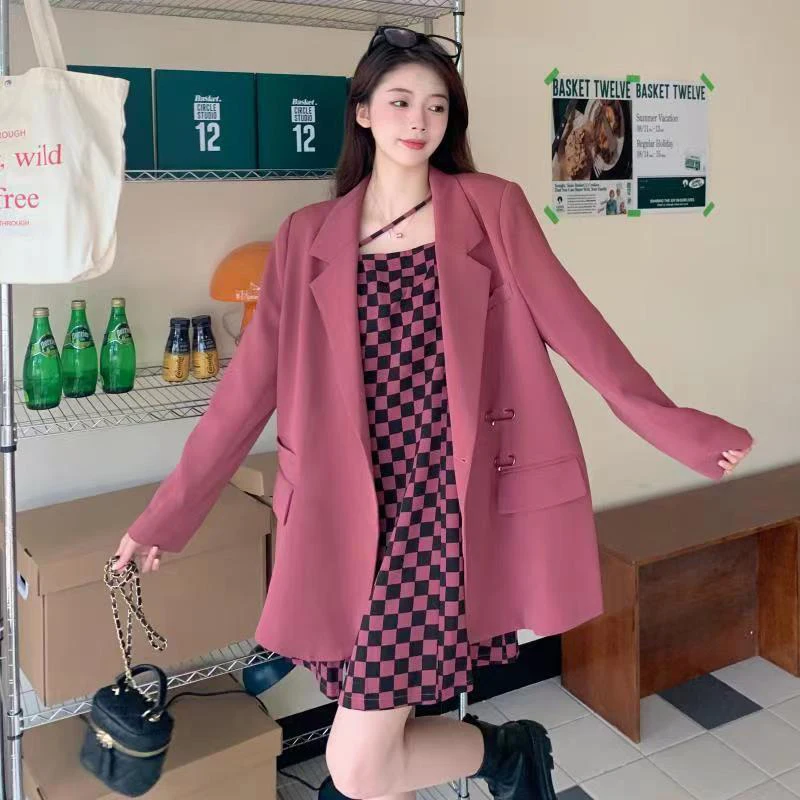 

2023 Autumn Oversized Women 2 Pieces Chic Blazer Vintage Long Sleeve Coat Long Sleeve Jacket Strap Dresses Mini Plaid Dress