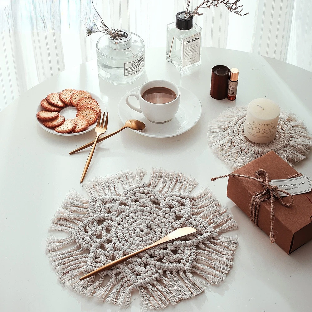 

Nordic Woven Cotton Rope Round Coasters Mark Coasters Coffee Mats Bohemian Style Anti-slip Sunflower Tableware Mats