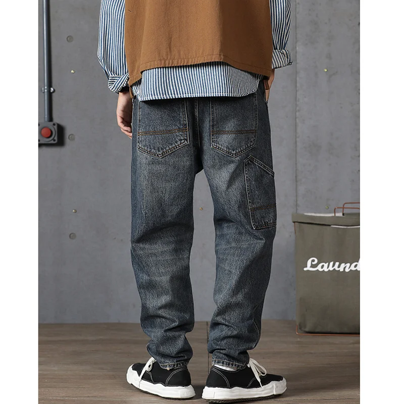 Streetwear Men Large Loose Broad Leg Navy Blue Jeans 2022 Autumn New Pattern Falling Feeling Mopping The Floor Trousers Female