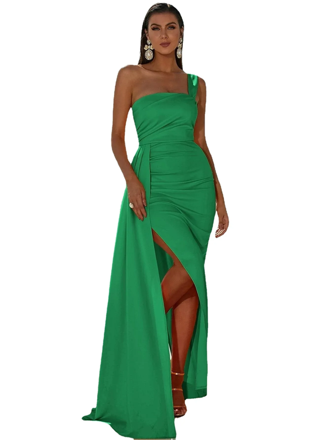 2023 new in Women formal Dress Sexy Spaghetti One Shoulder Backless High Split Slim Floor Length Prom evening party Dress