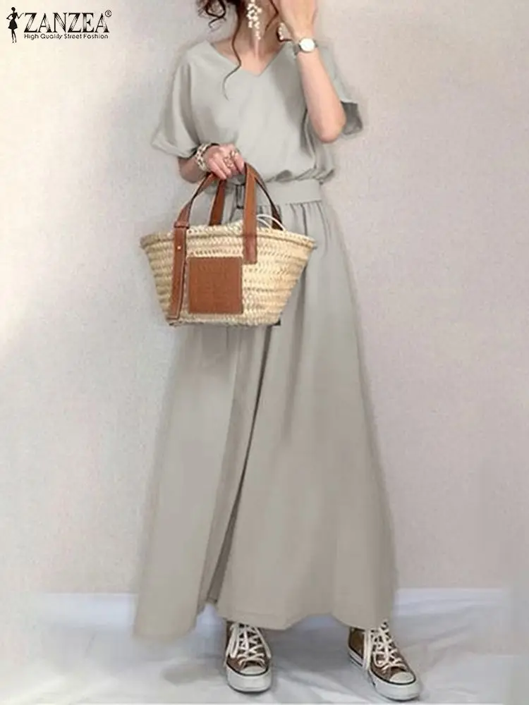 

ZANZEA Elegant Women Dress Summer Holiday Sundress Fashion O Neck Short Sleeve Solid OL Casual Loose Vestido Belted Robe Femme