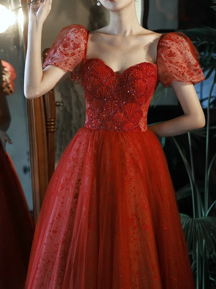 

Square Collar Lace Design Puff Sleeve Evening Dresses Slim Waist Elegant Wedding Party Vestidos Temperament Ball Gown Prom Dress