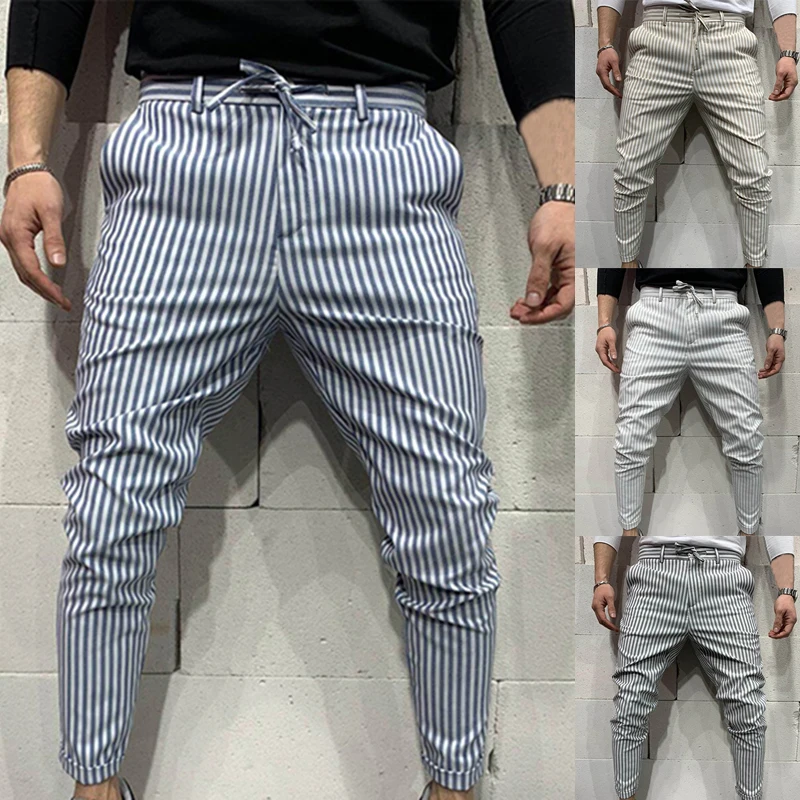 

Casual Mens Skinny Pencil Pants Spring Fashion Striped Printing Slim Trousers Summer Pants Men Clothing Streetwear Trousers