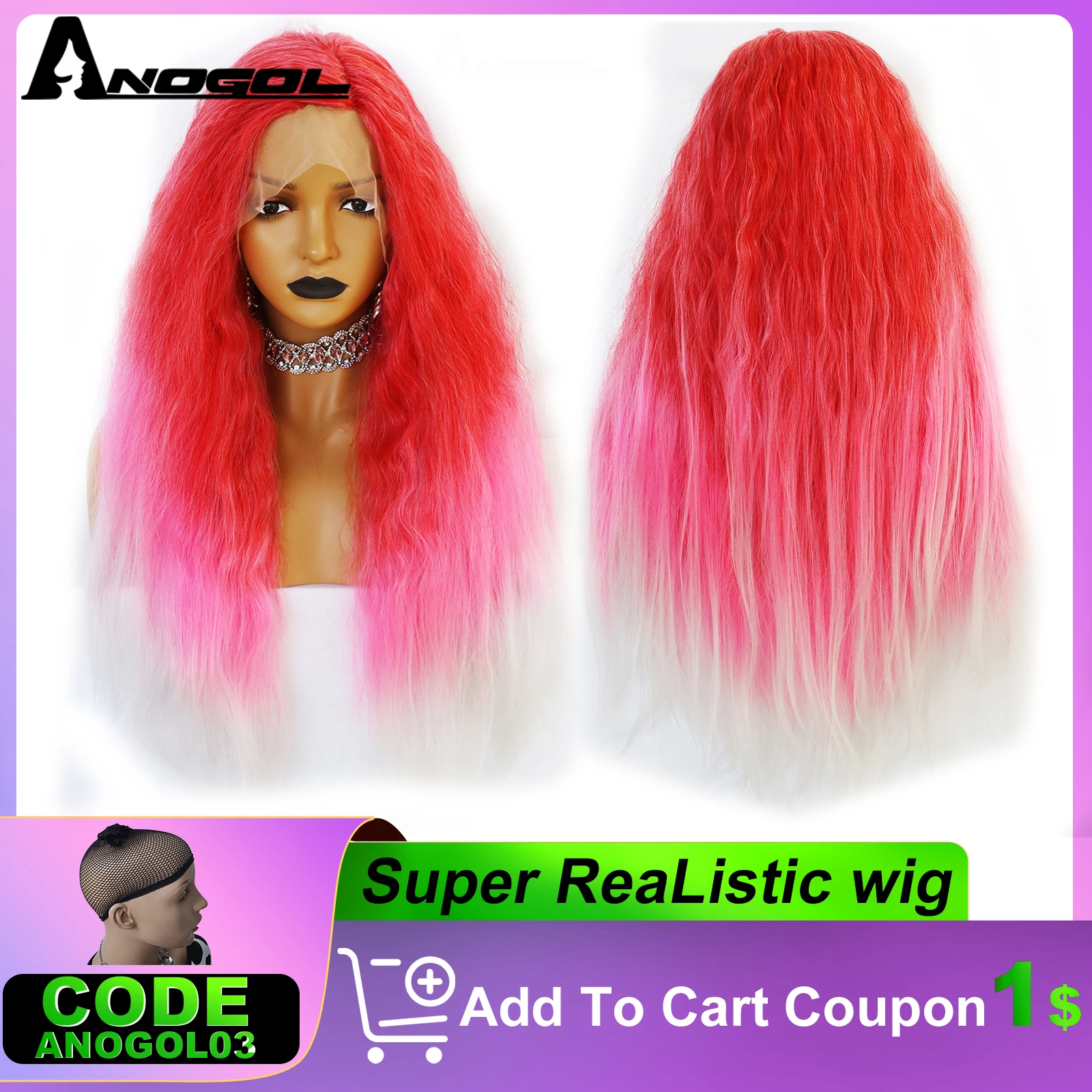 ANOGOL Synthetic 28IN Pink Loose Wavy Wig Highlighting White Ombre Peachpuff Gradient Fuchsia Cosplay Wig for Women Halloween