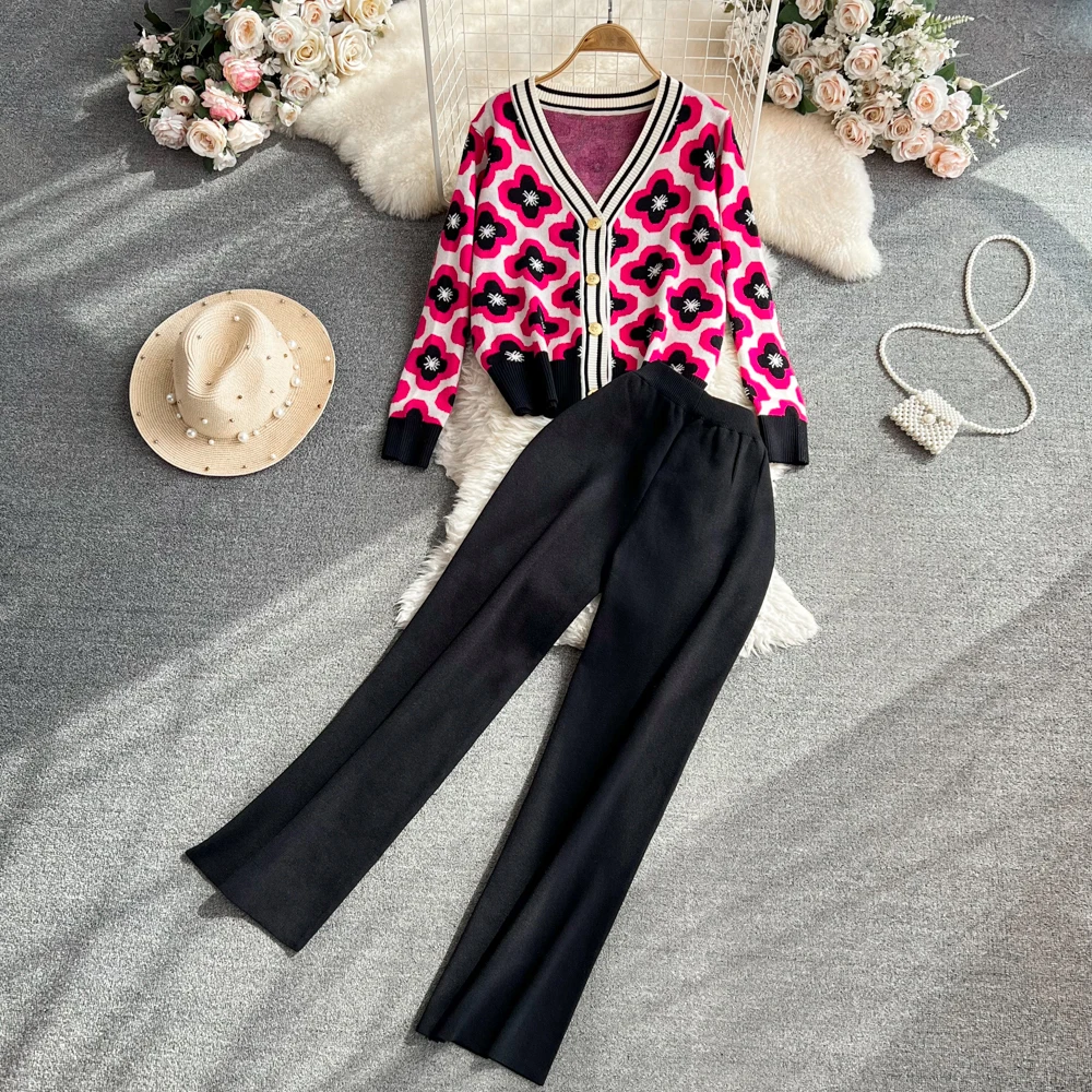 

Женское осенне-зимнее трикотажное однобортное пальто VANOVICH с длинными рукавами и V-образным вырезом, брюки с высокой талией и широкими штанинами, комплект из двух предметов