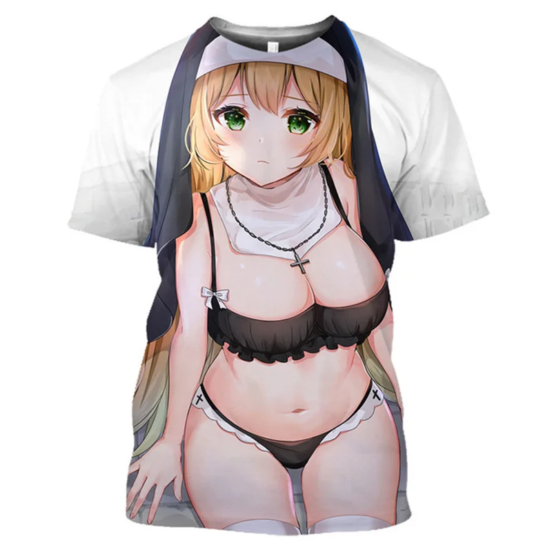 

Hentai Nun Cosplay T-shirt for Men 3D Sexy Ahegao Girl Printed T Shirt Waifu Loli Anime Tee Shirts y2k Exposed Bikini Otaku Tops
