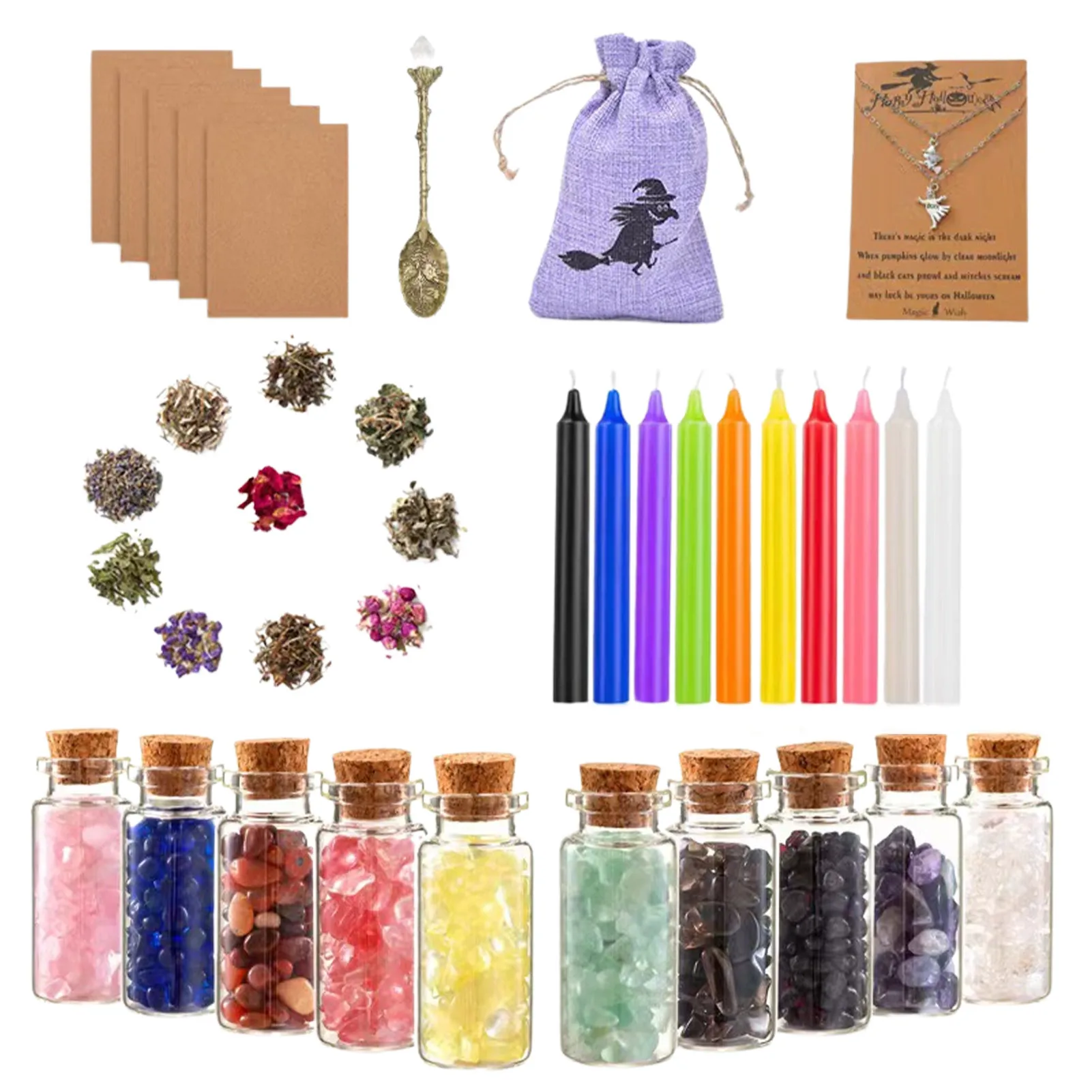 

New 2022 Witchcraft Supplies Kit for Witch Altar Witch Box With Dried Herbs Crystal Jars Colored Candles Parchment