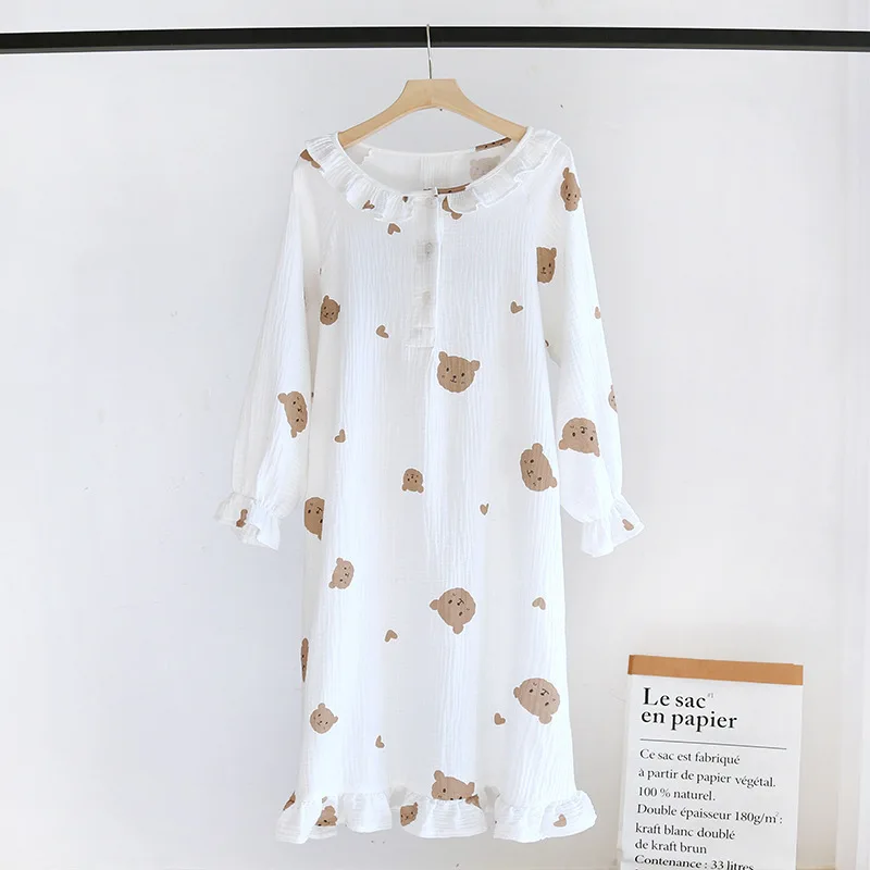 Girl Nightwear Women Pajamas Half Cardigan Over Knee Long Sleeve Cotton Crepe Sleepdress Four Seasons Thin Loose Midi Nightshirt