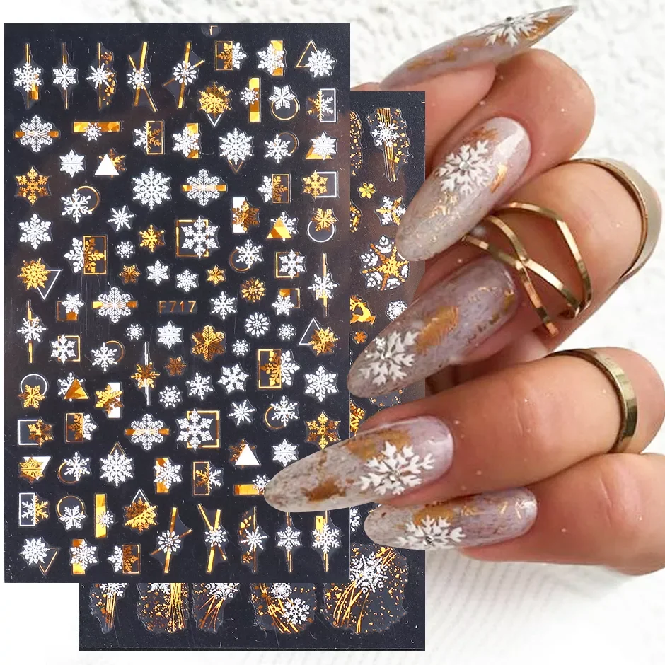 

3D New Year Holographic Stickers for Christmas Snowflake Stripe Line Gold White Winter Decoration Nail Decals Manicure NTF712