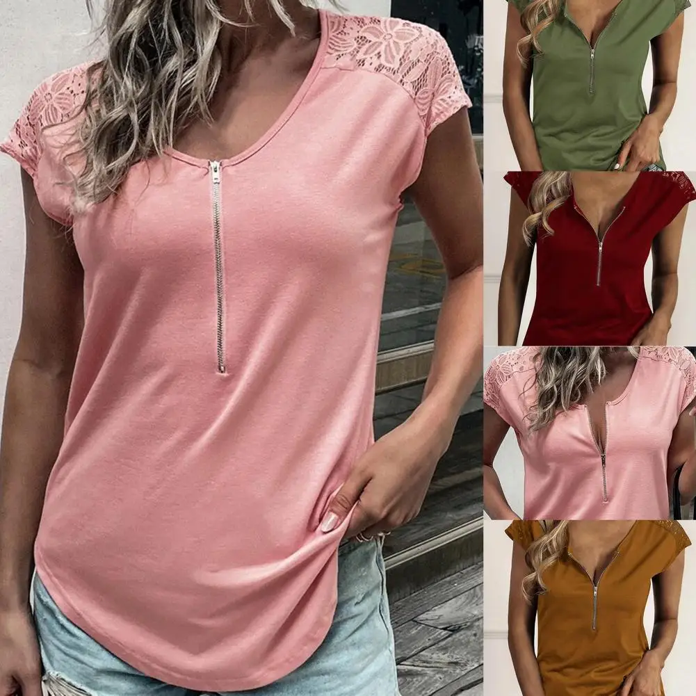 

Женская блузка с вышивкой, кружевная блузка с круглым вырезом и молнией спереди, повседневный Свободный Топ для офиса, Летняя женская одежд...