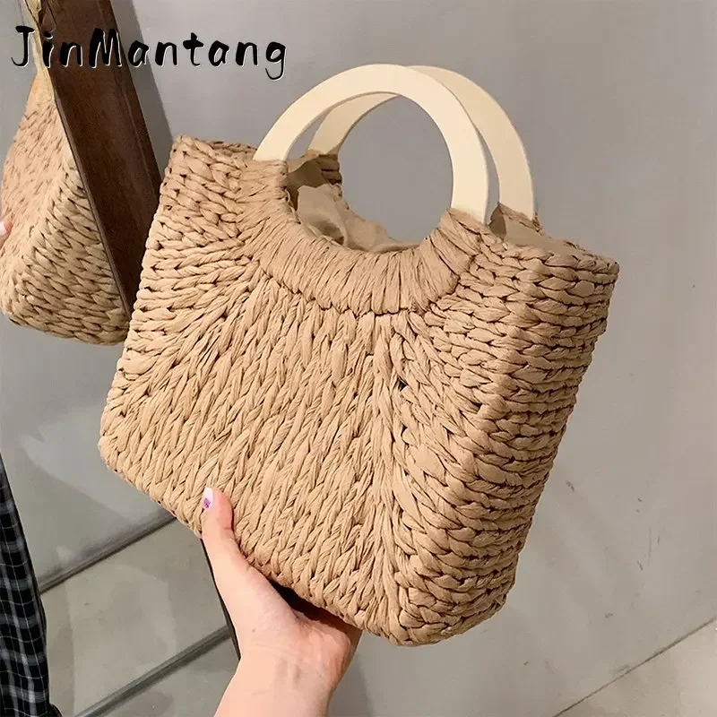 

Fashion Lady Straw Woven Basket Handbag Summer Women's Shoulder Bag Bohemia Travel Beach Han made Bucket Shopper Tote