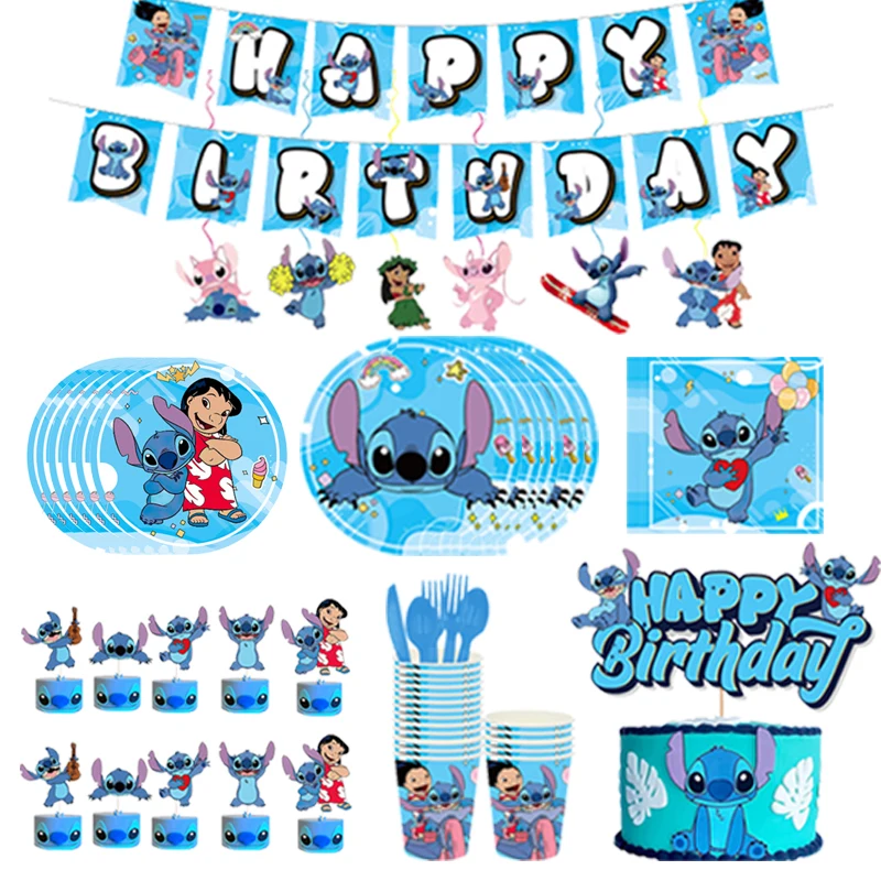 

Disney Lilo Stitch Party Birthday Decoration Set Paper Cup Plate Tablecloth Disposable Gift Cake Decorating Supplies Banners