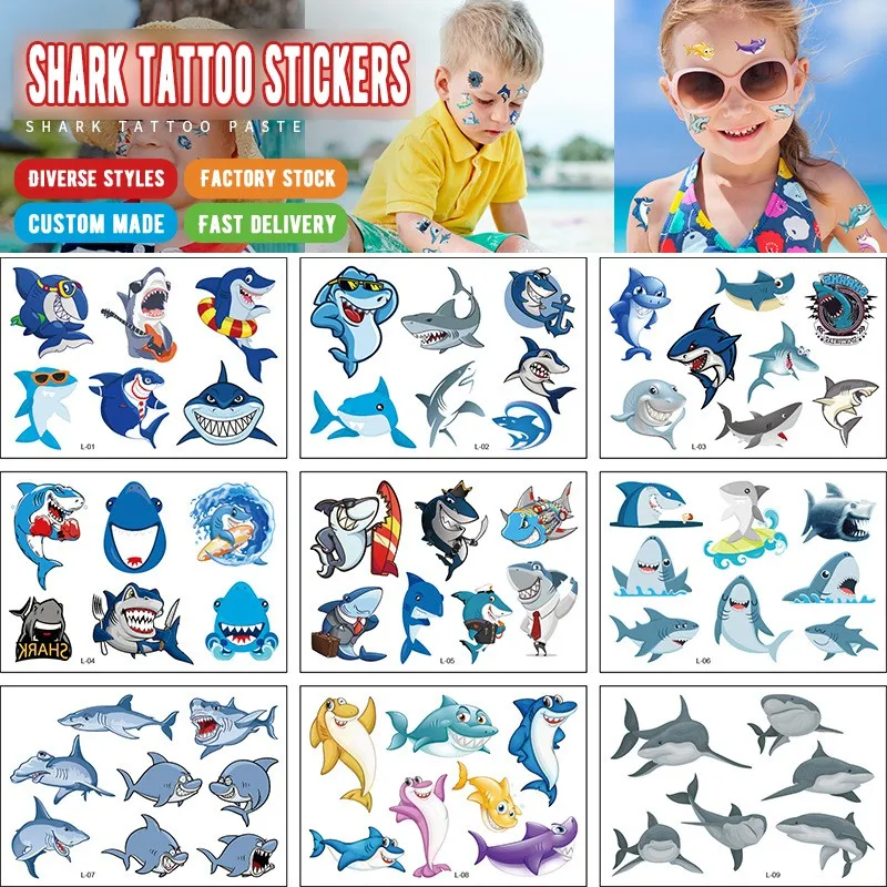 12Pc Waterproof Children's Cartoon Tattoo Stickers Shark Series Tattoo Stickers Cartoon Car Children's Waterproof Tattoo Sticker