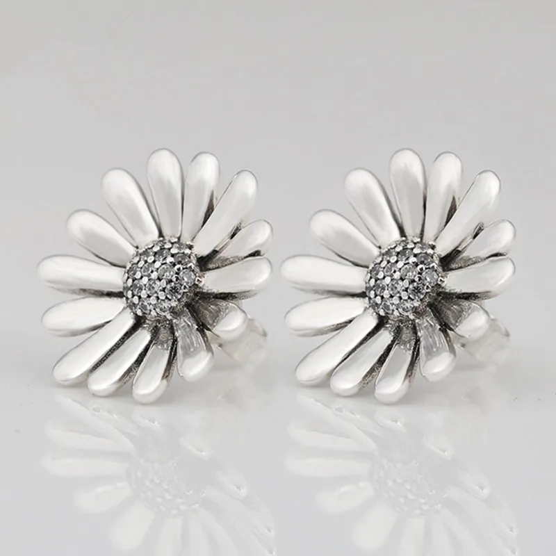 

Authentic 925 Sterling Silver Sparkling Daisy Flower Statemen With Crystal Stud Earrings For Women Wedding Gift Fashion Jewelry