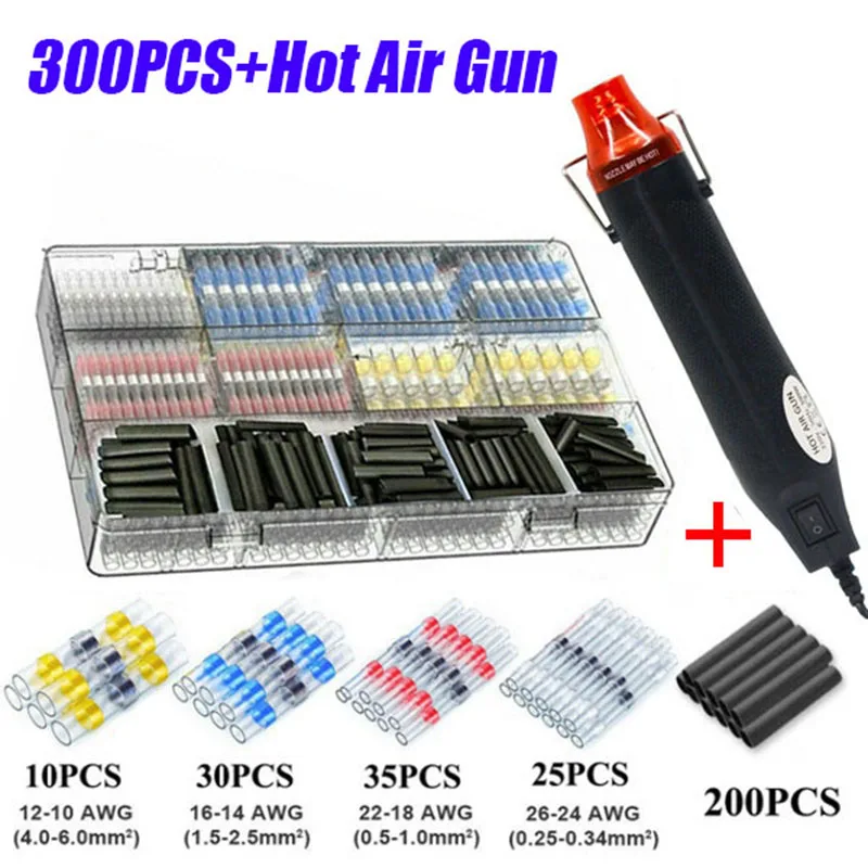 

50/300/800PCS Waterproof Solder Seal Electrical Wire Splice Connectors Heat Shrink Butt Crimp Terminals with Hot Air Gun