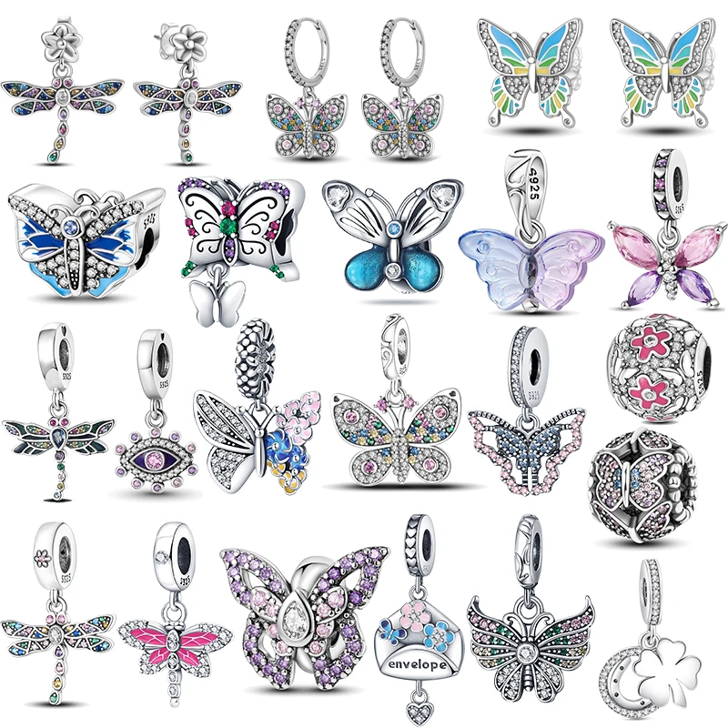 

925 Sterling Silver Charm Beads Butterfly Dragonfly Dangle Earring Flowers Pave Zircon Fit Original Pandora Bracelet Women DIY