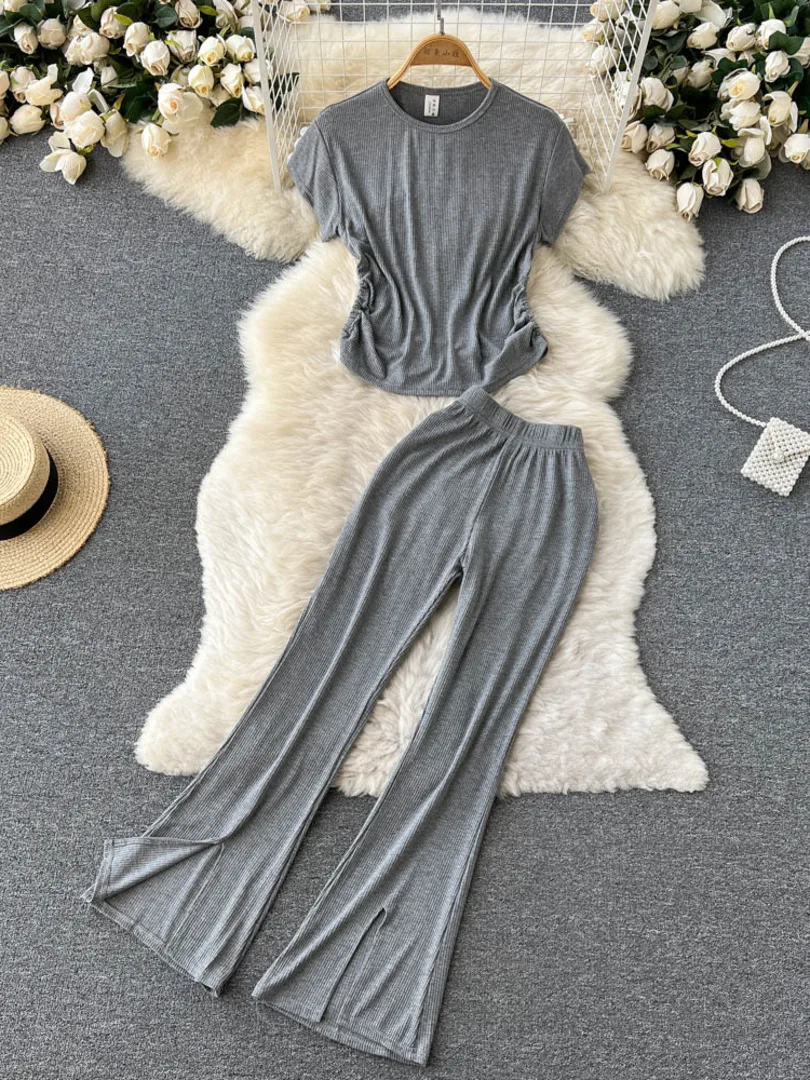 

Casual Women 2 Piece Set Solid Summer Tracksuits O-neck Short Sleeve Backless T-shirt Top + Elastic Waist Split Long Pants Suits