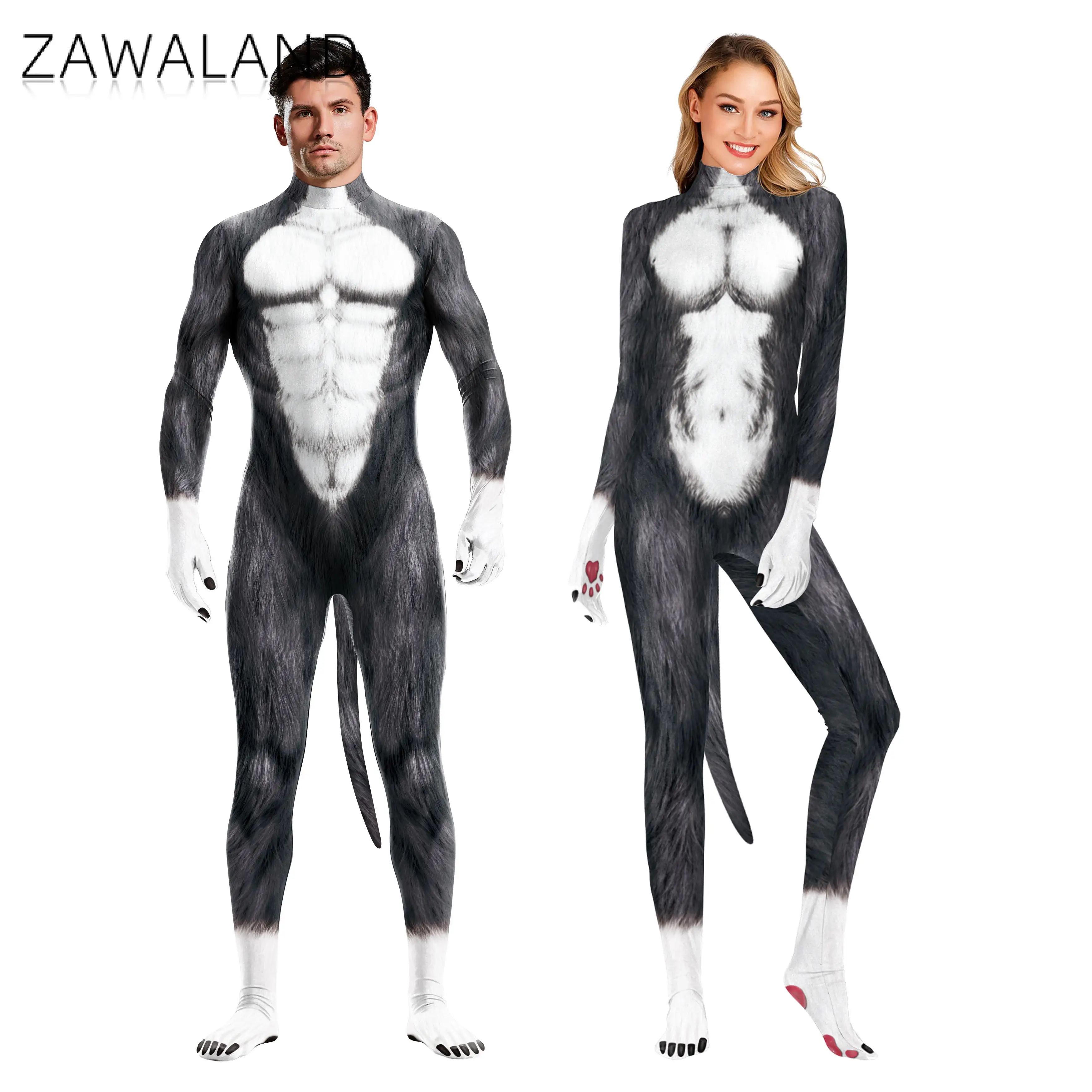 

Zawaland Animal Catsuits Wolf 3D Printed Adult Whole Cosplay Costumes Clothing Unisex Zentai Suit Bodysuit with Tail Outfits